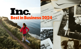 Split screen of women jogging along lake and a pile of old family documents beneath the Inc. Magazine logo