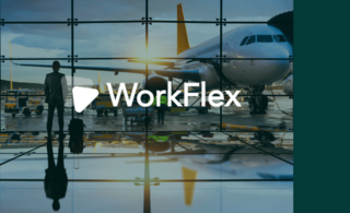Business traveler at airport with WorkFlex logo