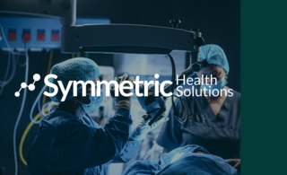 Symmetric logo imposed over image of healthcare workers in surgery